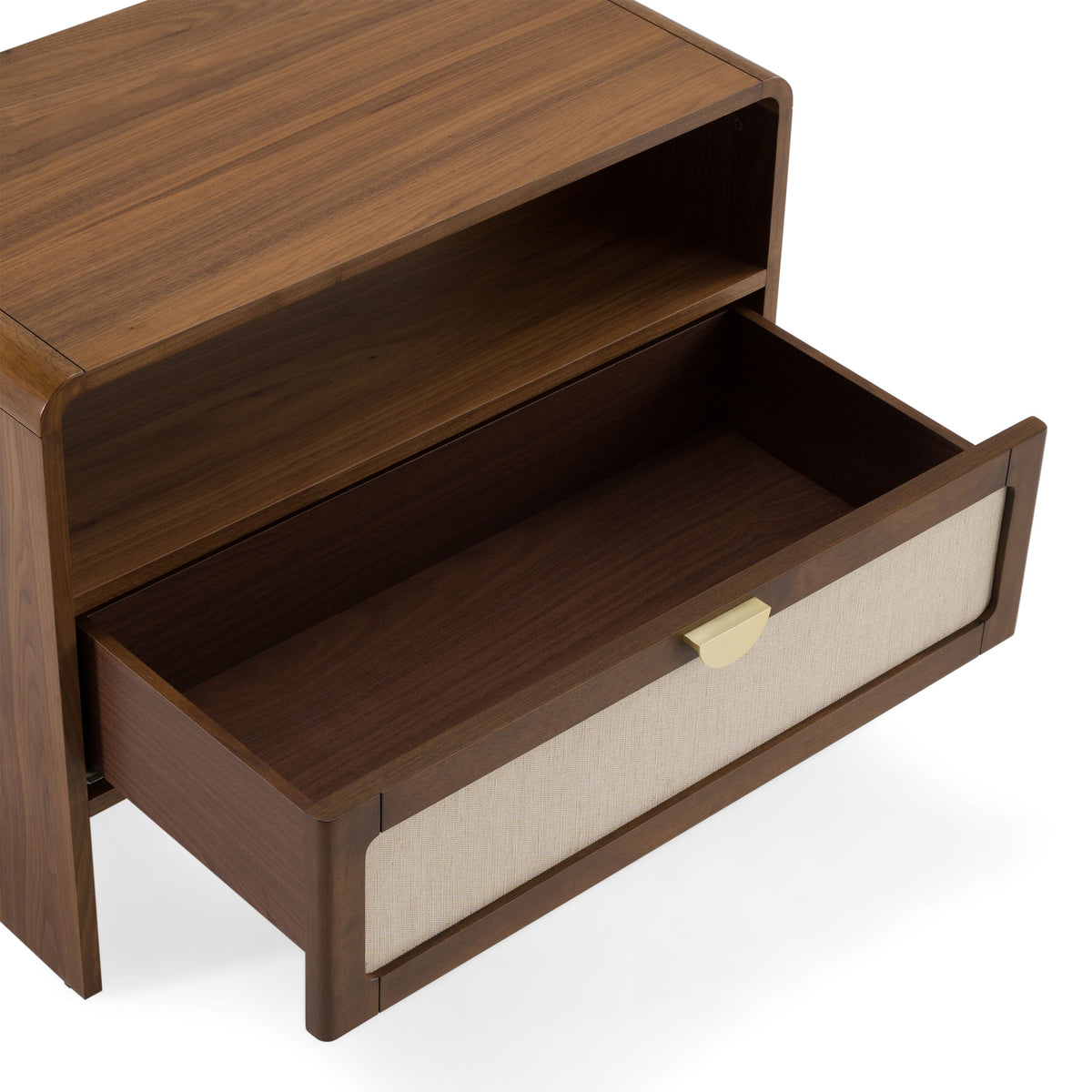 Burlap and Walnut Nightstand, Modern Upholstered Drawer Bedside Table