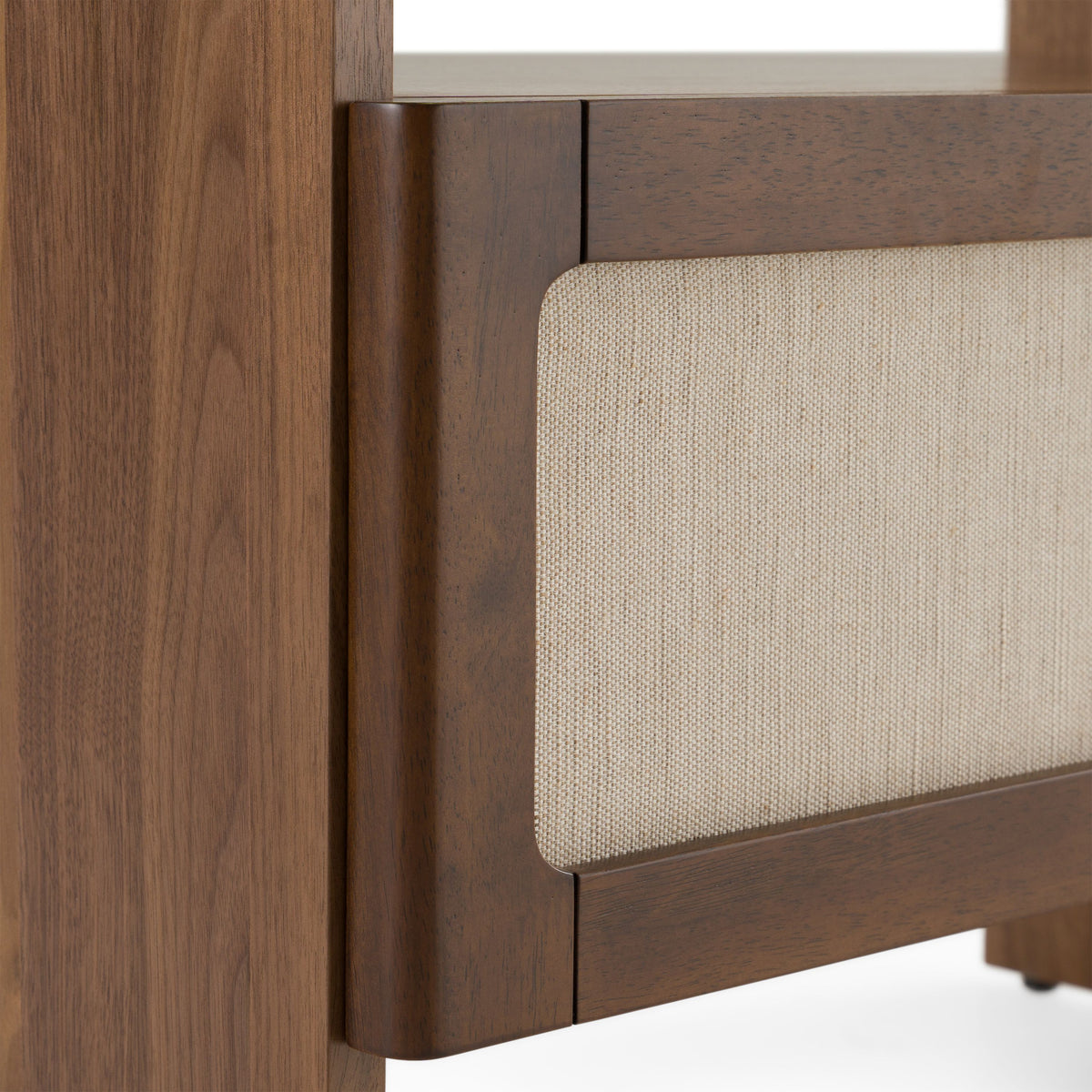 Burlap and Walnut Nightstand, Modern Upholstered Drawer Bedside Table