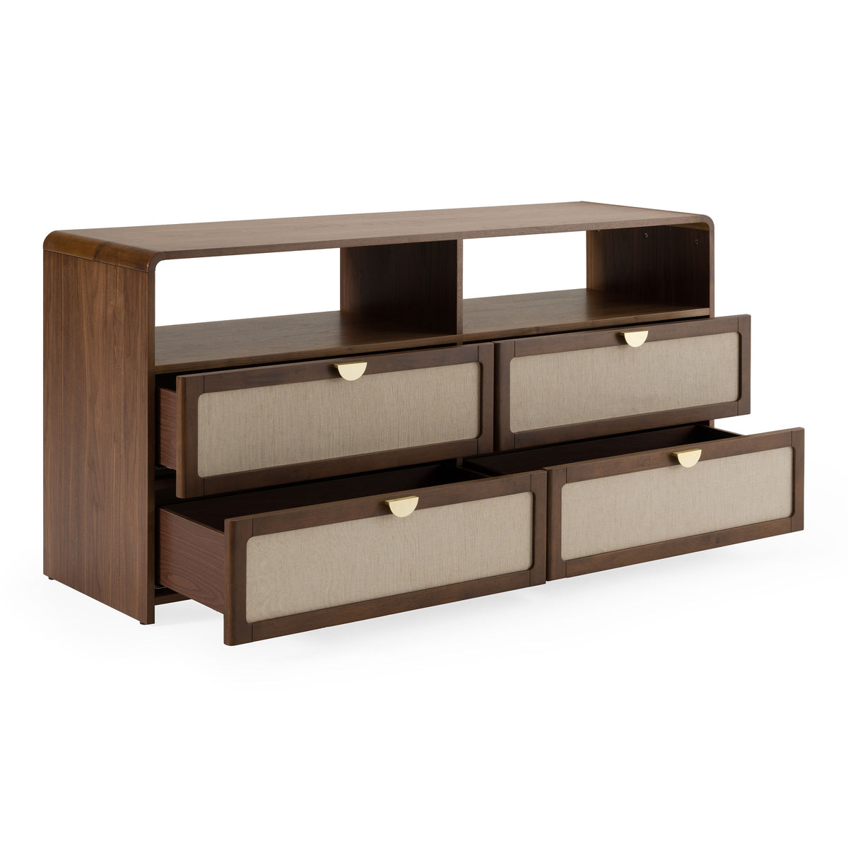 Burlap and Walnut Dresser, Modern Dresser with Open Shelves