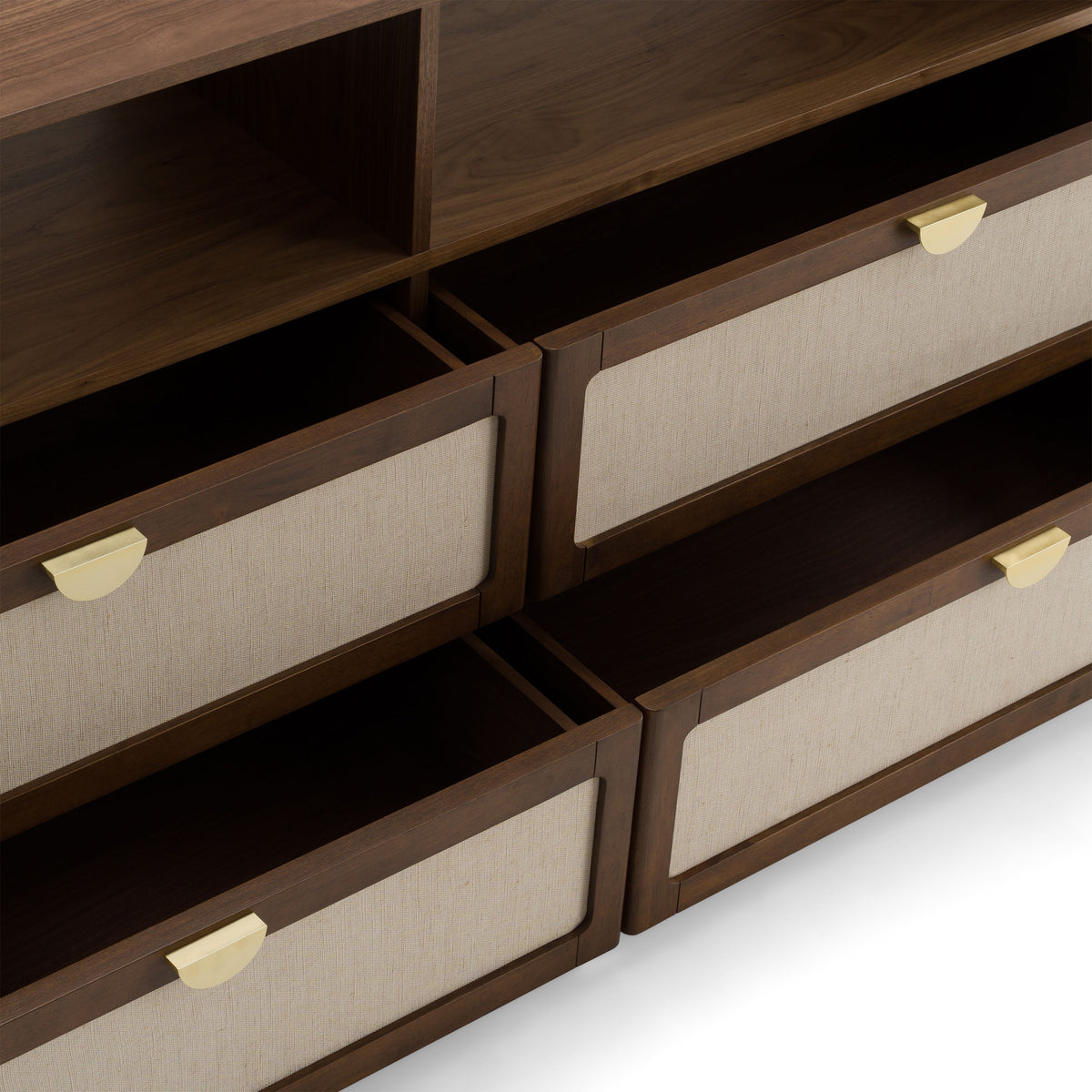 Burlap and Walnut Dresser, Modern Dresser with Open Shelves