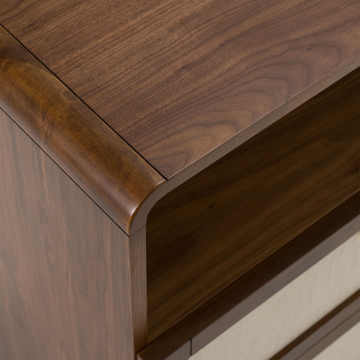 Burlap and Walnut Dresser, Modern Dresser with Open Shelves