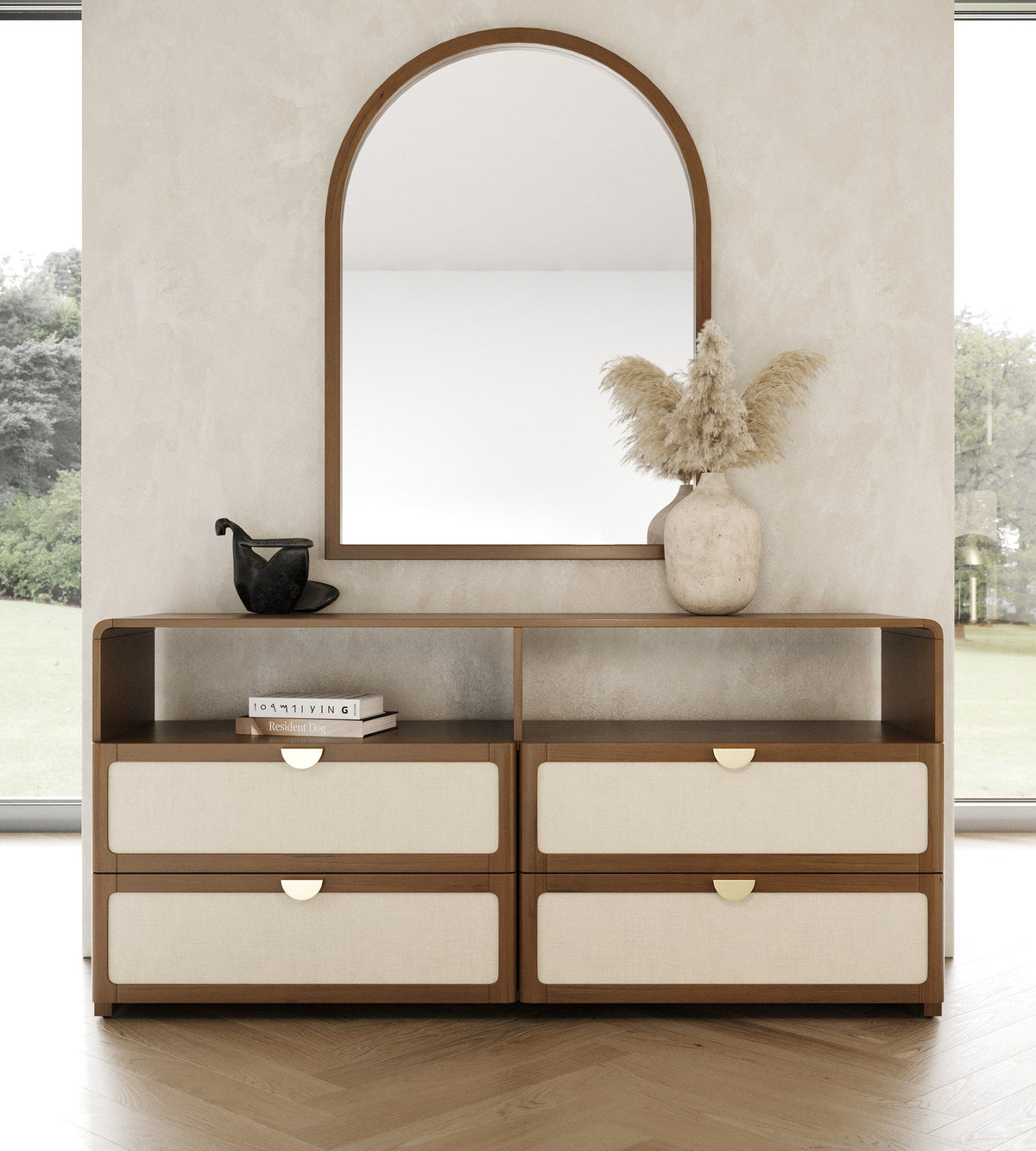Walnut Veneer Wall Mirror, Modern Rectangular Bedroom Mirror