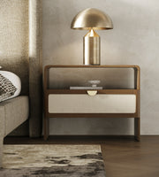 Burlap and Walnut Nightstand, Modern Upholstered Drawer Bedside Table