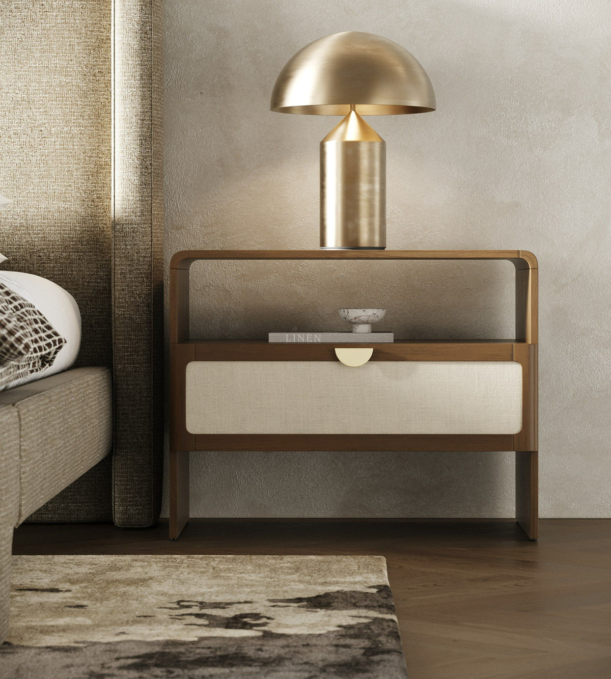Burlap and Walnut Nightstand, Modern Upholstered Drawer Bedside Table