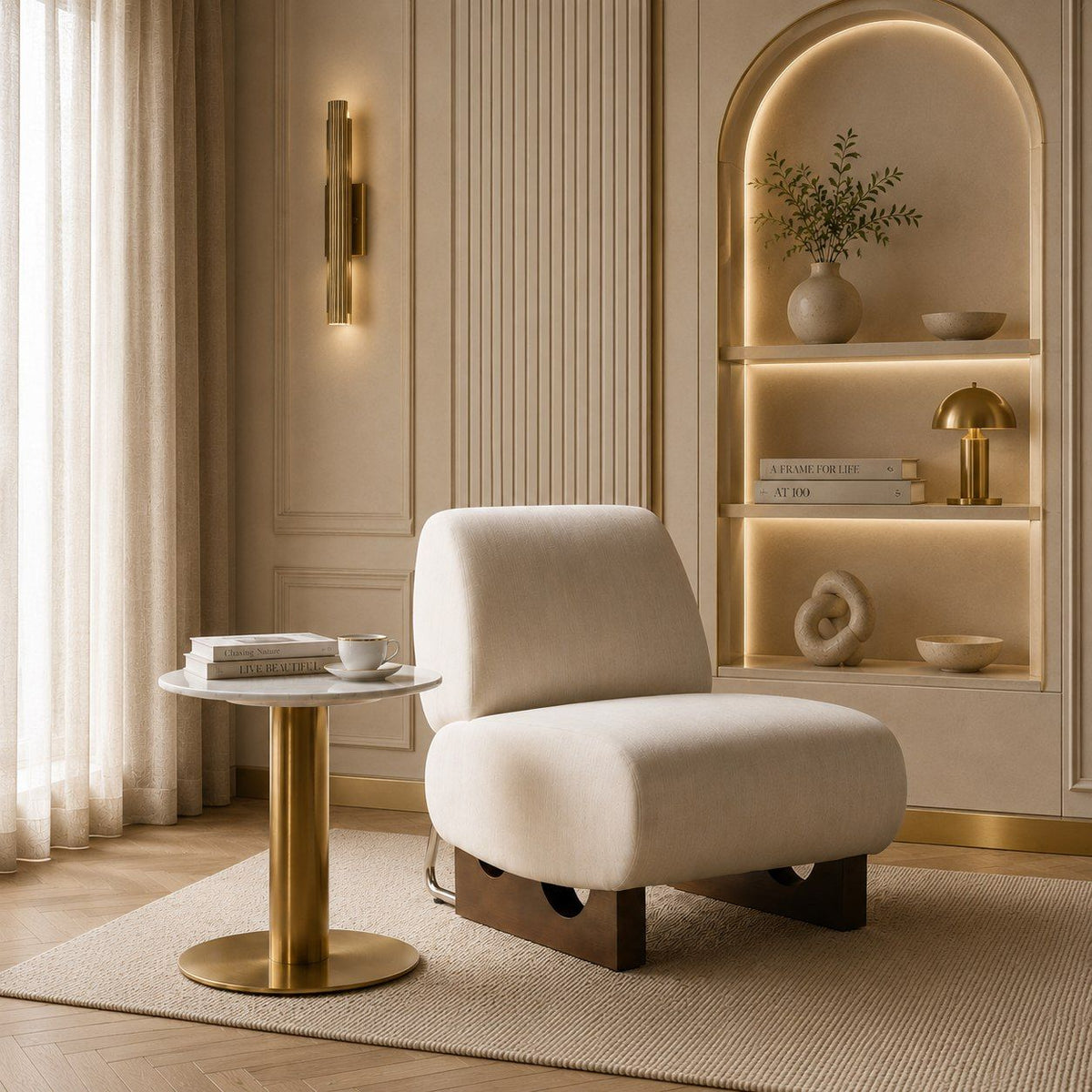 White Marble Pedestal End Table, Glam Brushed Gold Round Side Table