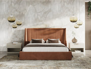 Burnt Orange Upholstered Bed Set, Modern Bed with Travertine Look Nightstands