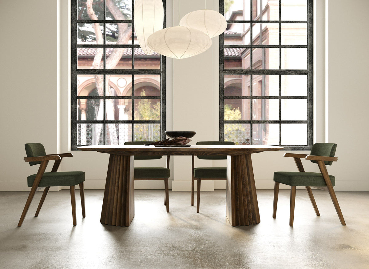 Herringbone Walnut Dining Set, Mid Century Modern Table with Green Chairs