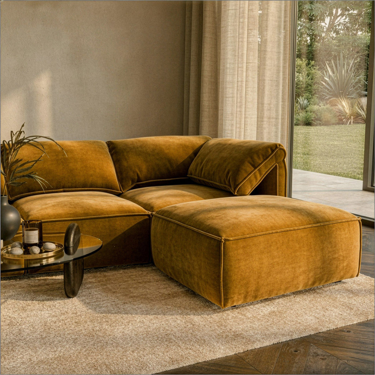 Modular Fabric Ottoman, Modern Upholstered Footstool in Grey or Mustard