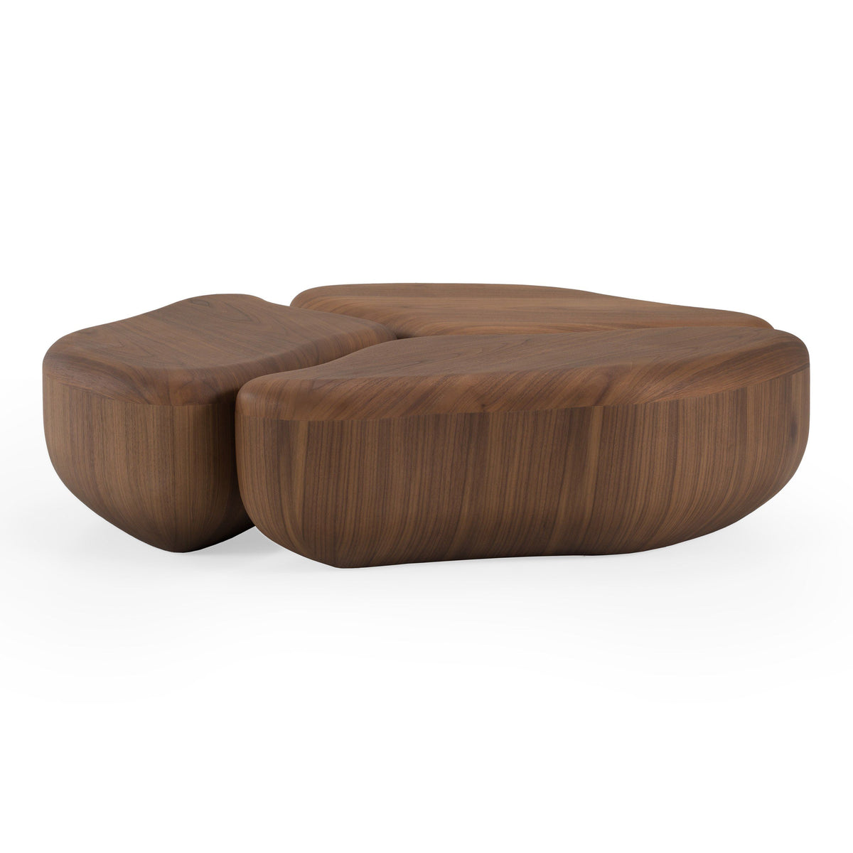Round Walnut Coffee Table Set, Modern Block Base Living Room Tables