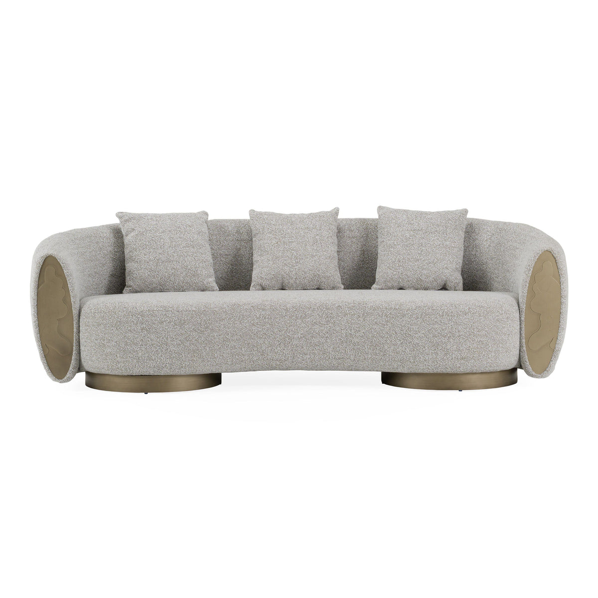 Striped Fabric Sofa, Modern Round Arm Couch with Brass Accents