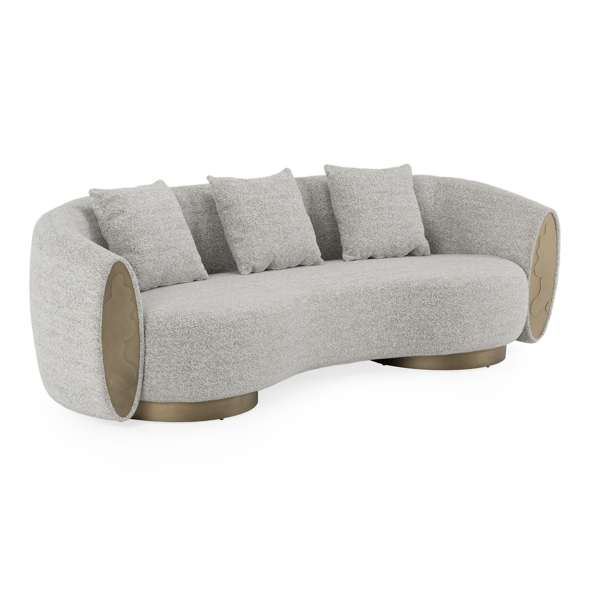 Striped Fabric Sofa, Modern Round Arm Couch with Brass Accents