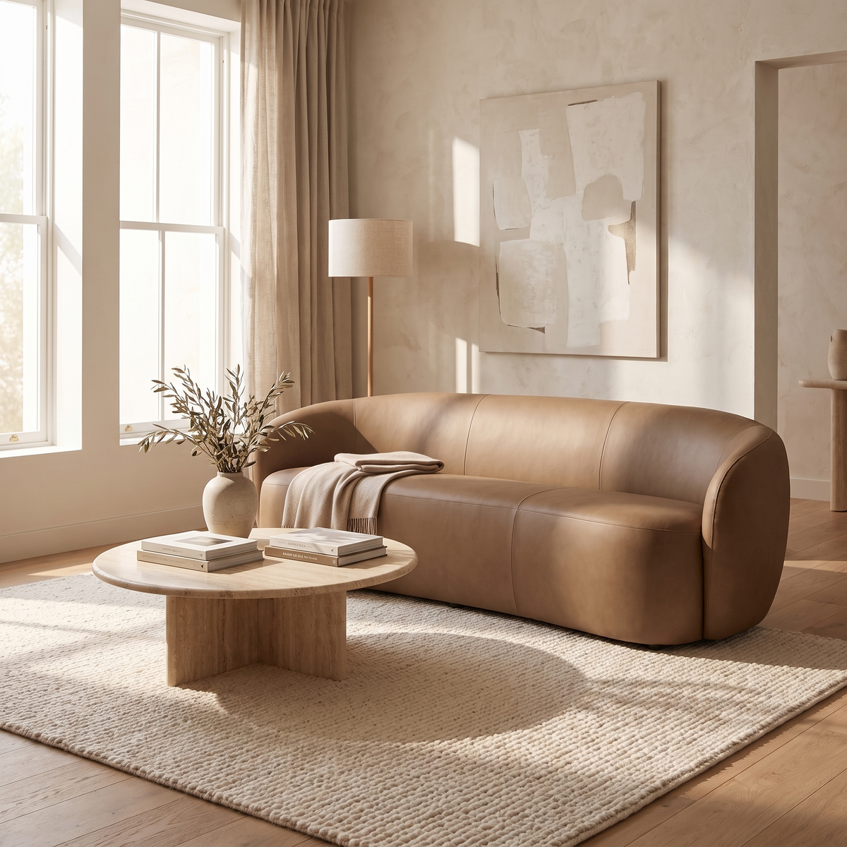 Tan leather sofa in a bright modern living room