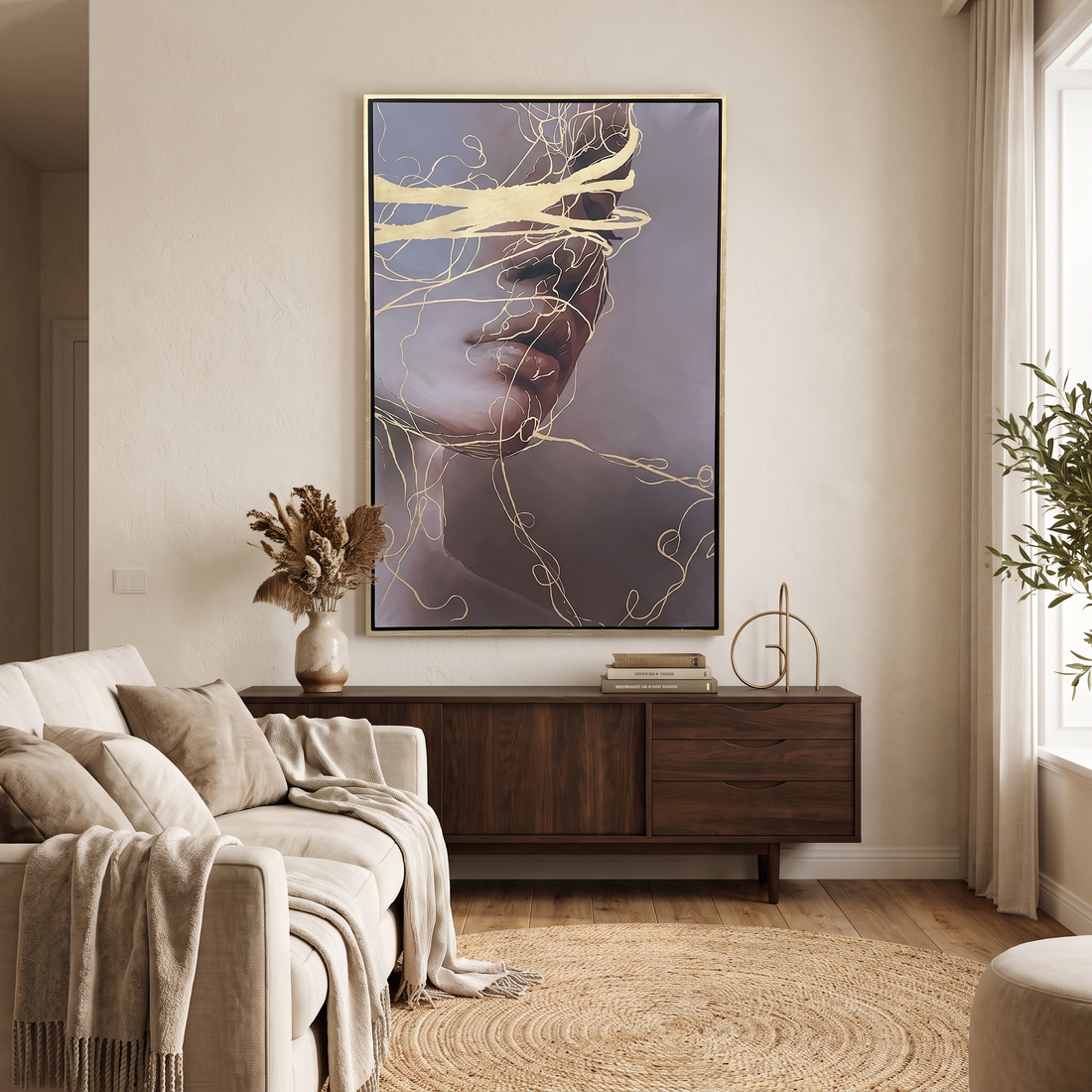 Tall Vertical Wall Art, Hand Painted Framed Modern Canvas Painting