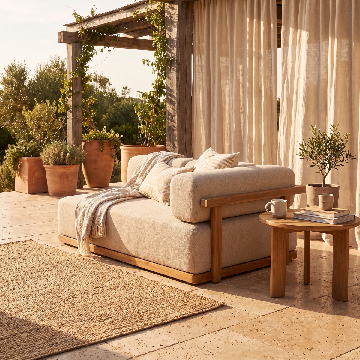 Teak Outdoor Corner Seat styled in a room