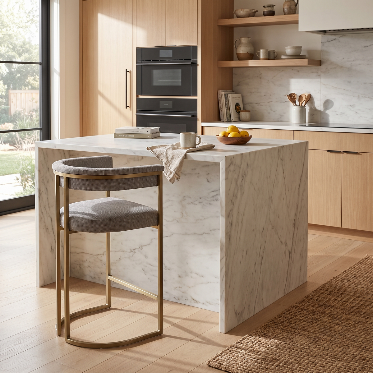 Grey Fabric Counter Chair styled in a room
