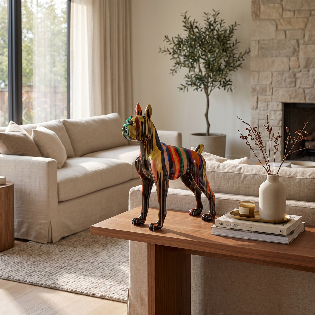 Large Dog Sculpture, Modern Black Multicolor Statue Decor