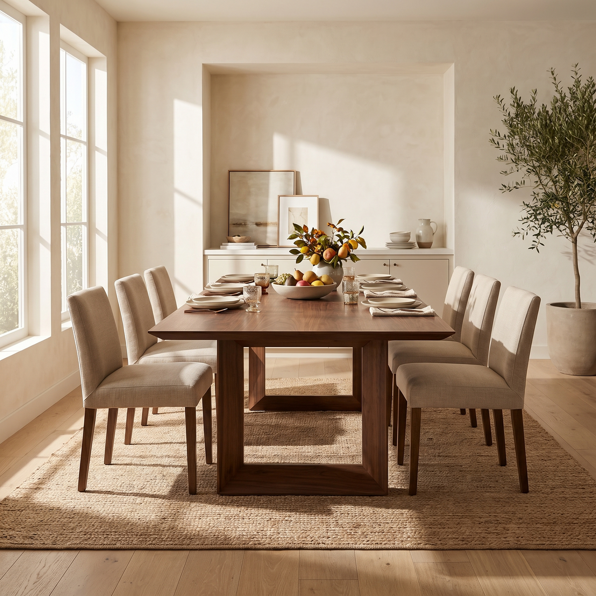 Walnut Rectangular Dining Table styled in a room