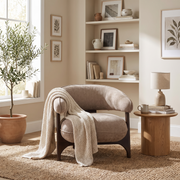 Tan Fabric Accent Chair Modern styled in a room