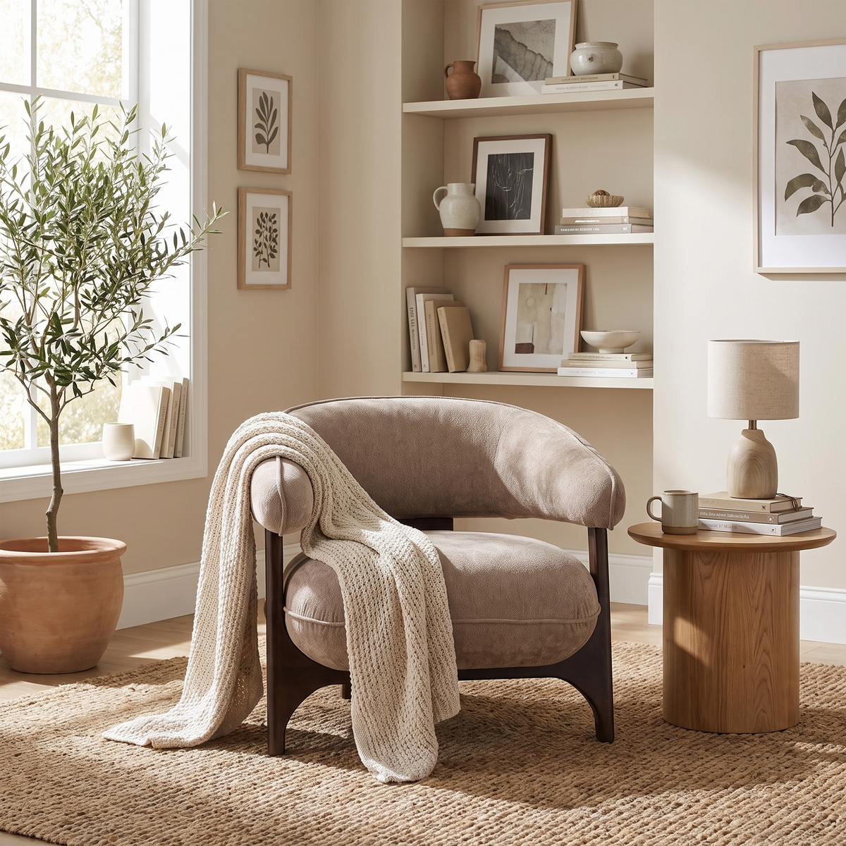Tan Fabric Accent Chair Modern styled in a room