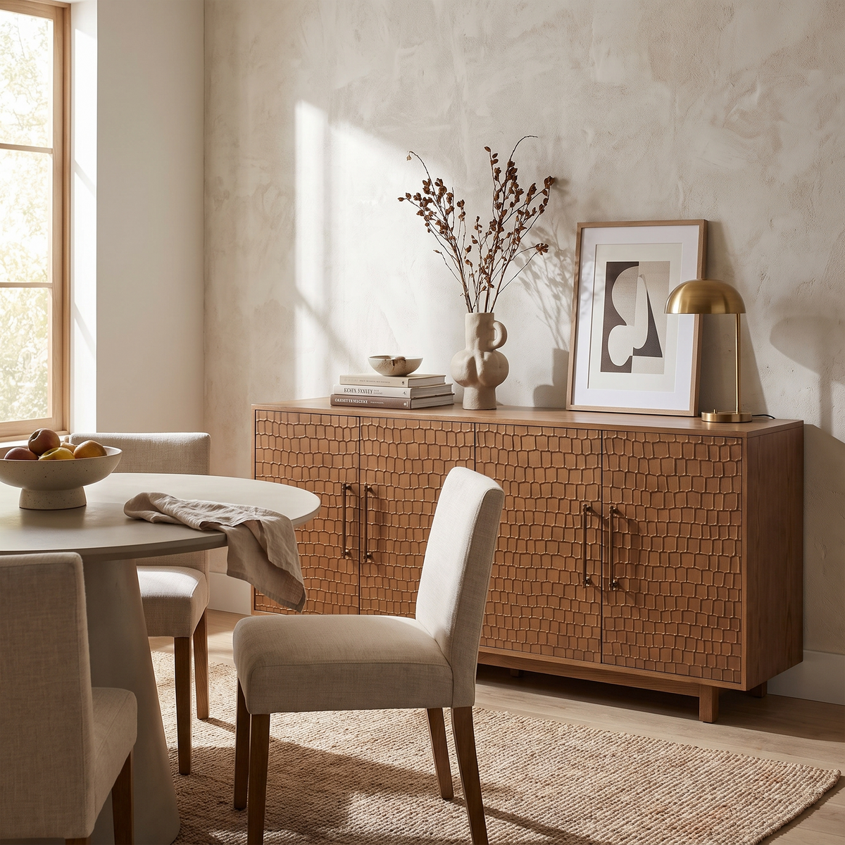 Walnut Sideboard Buffet styled in a room
