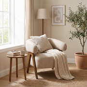 Mid Century Modern Accent Chair Beige styled in a room
