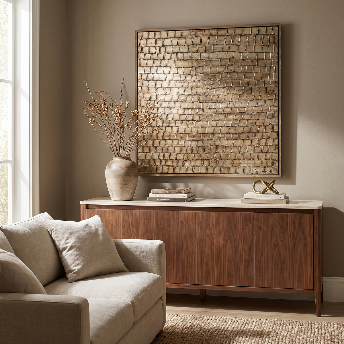 Large Square Hand Painted Wall Art styled in a room