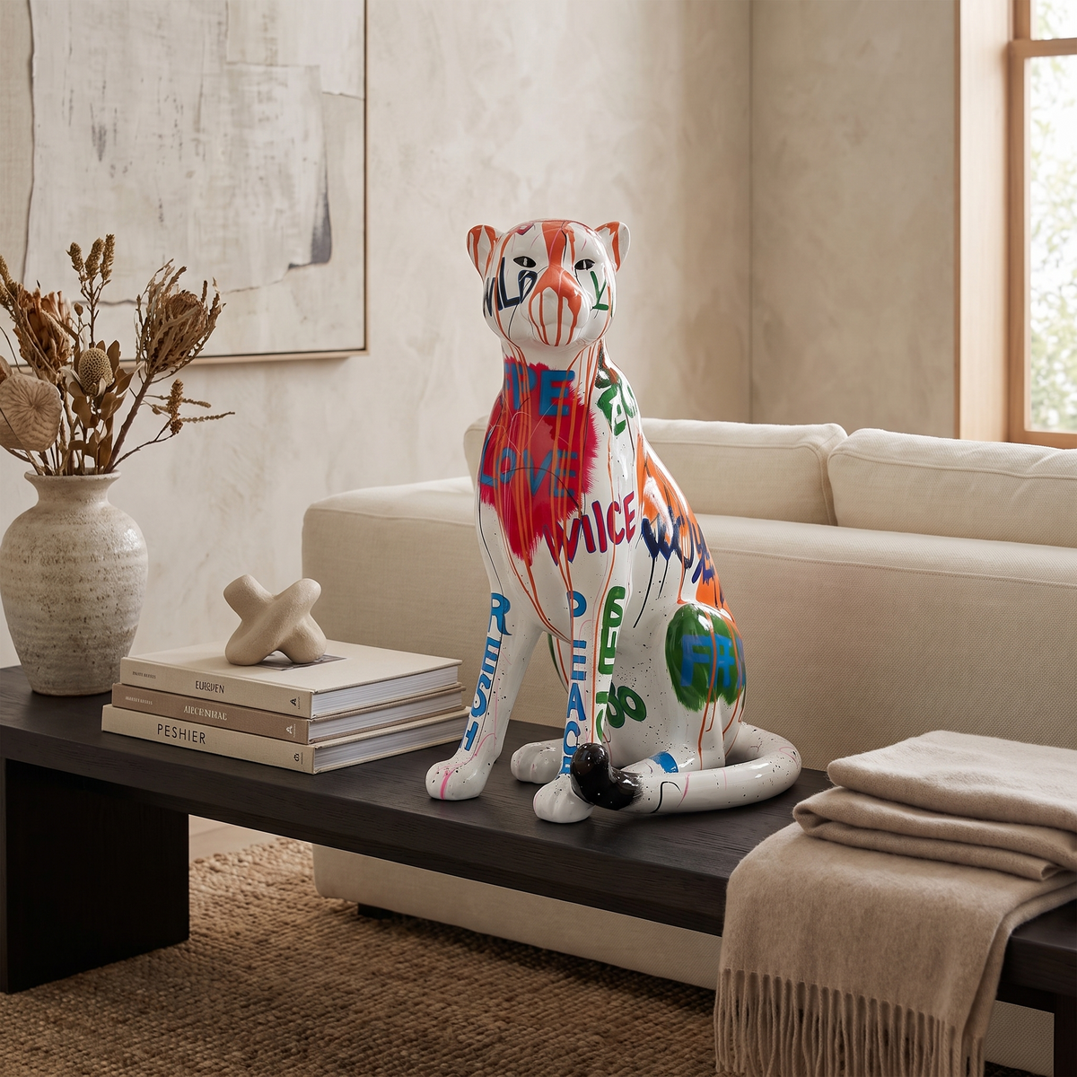 Graffiti Leopard Sculpture styled in a room