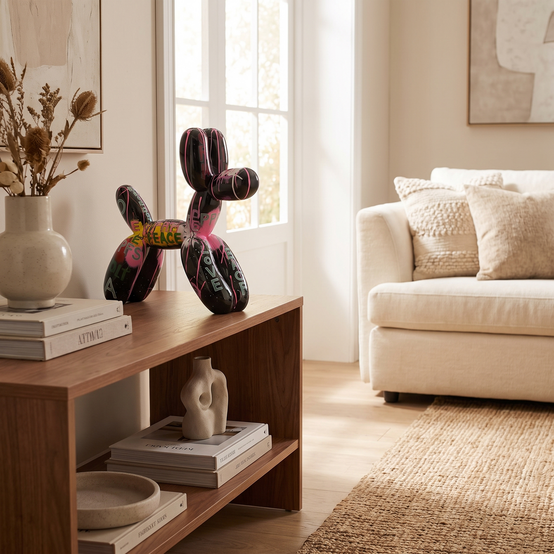 Graffiti Balloon Dog Sculpture, Pop Art Black Multicolor Statue