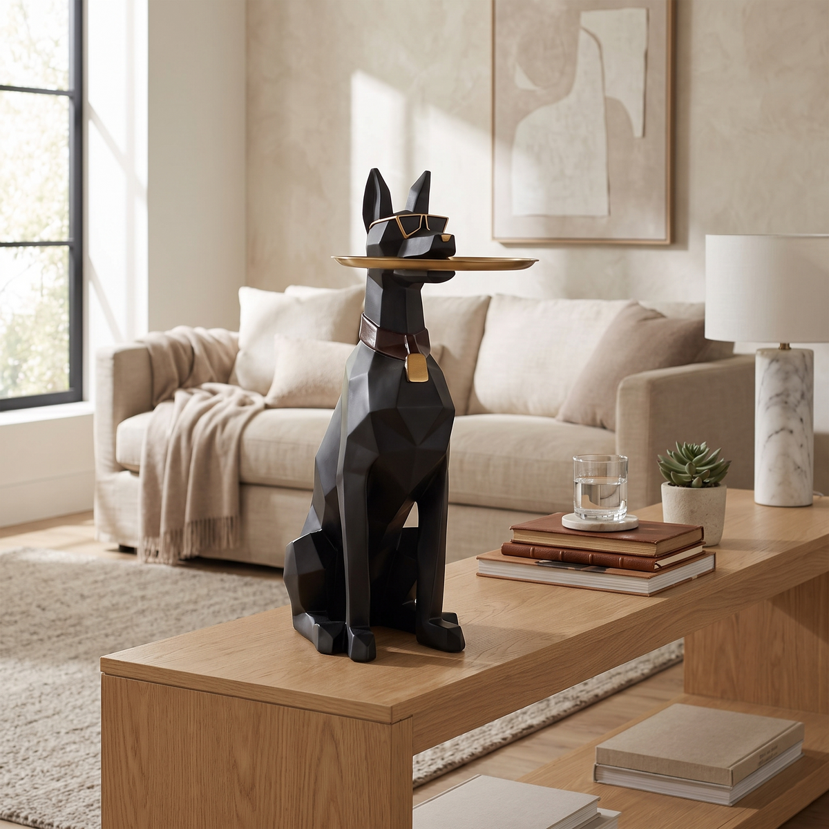Black And Gold Dog Sculpture styled in a room