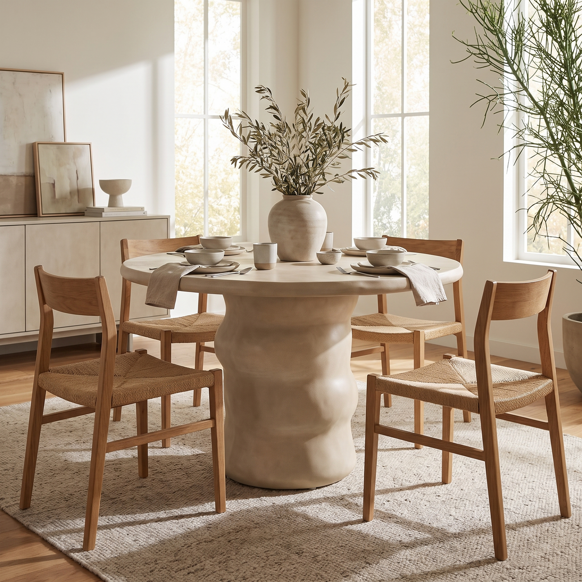 Round Concrete Dining Table Sand styled in a room
