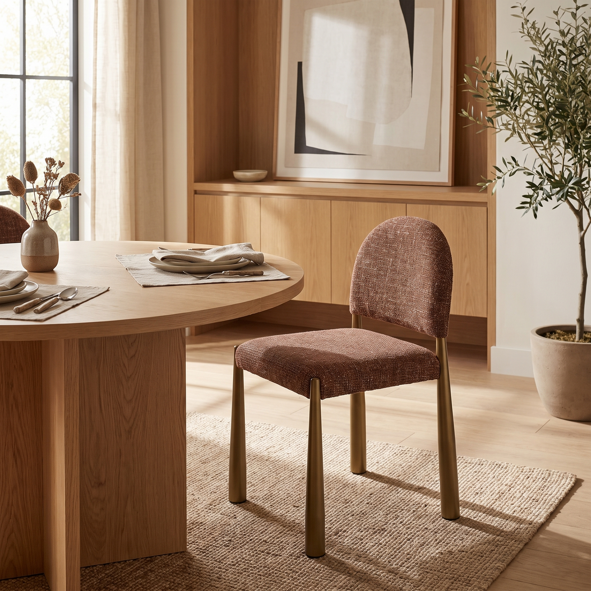 Brick Red Upholstered Dining Chairs styled in a room