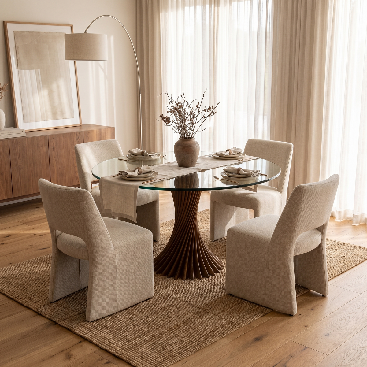 Round Glass Dining Table styled in a room