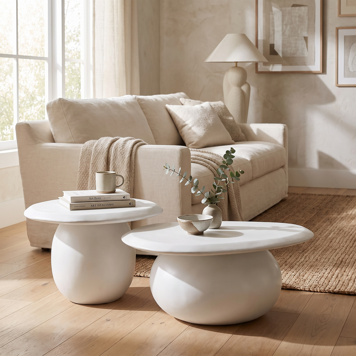 Ivory Concrete Nesting Coffee Tables styled in a room