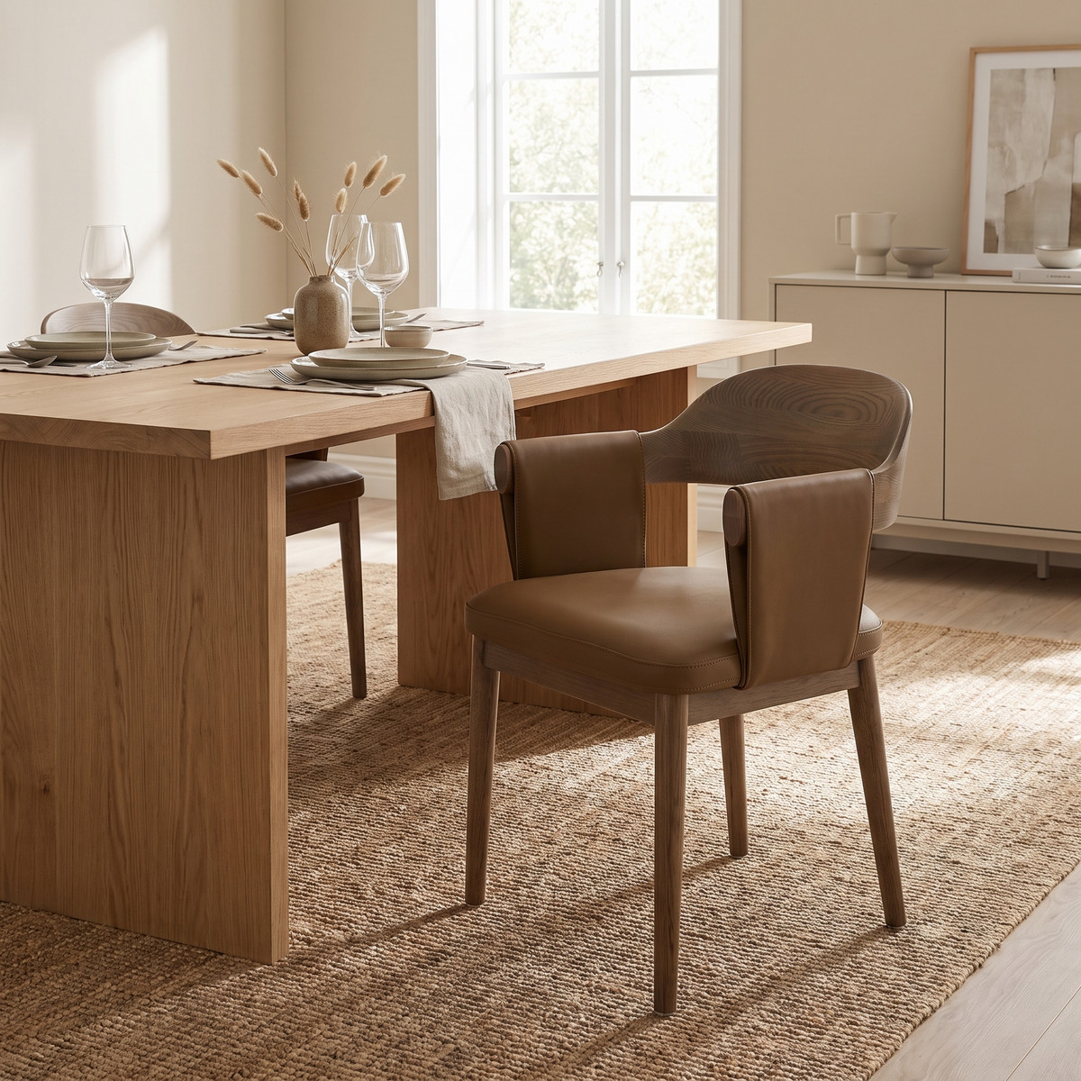 Brown Vegan Leather Dining Chair styled in a room