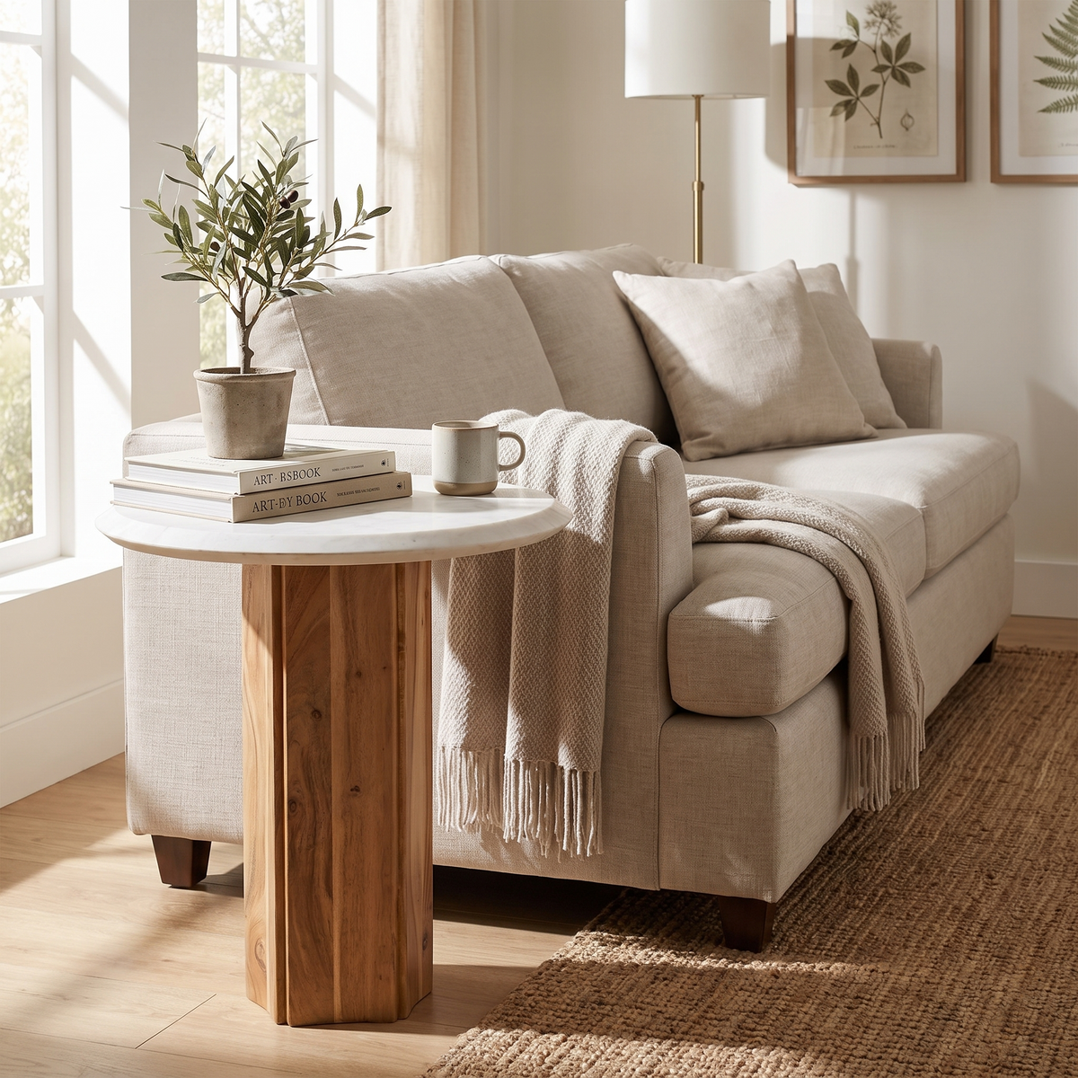 White Marble End Table Round styled in a room