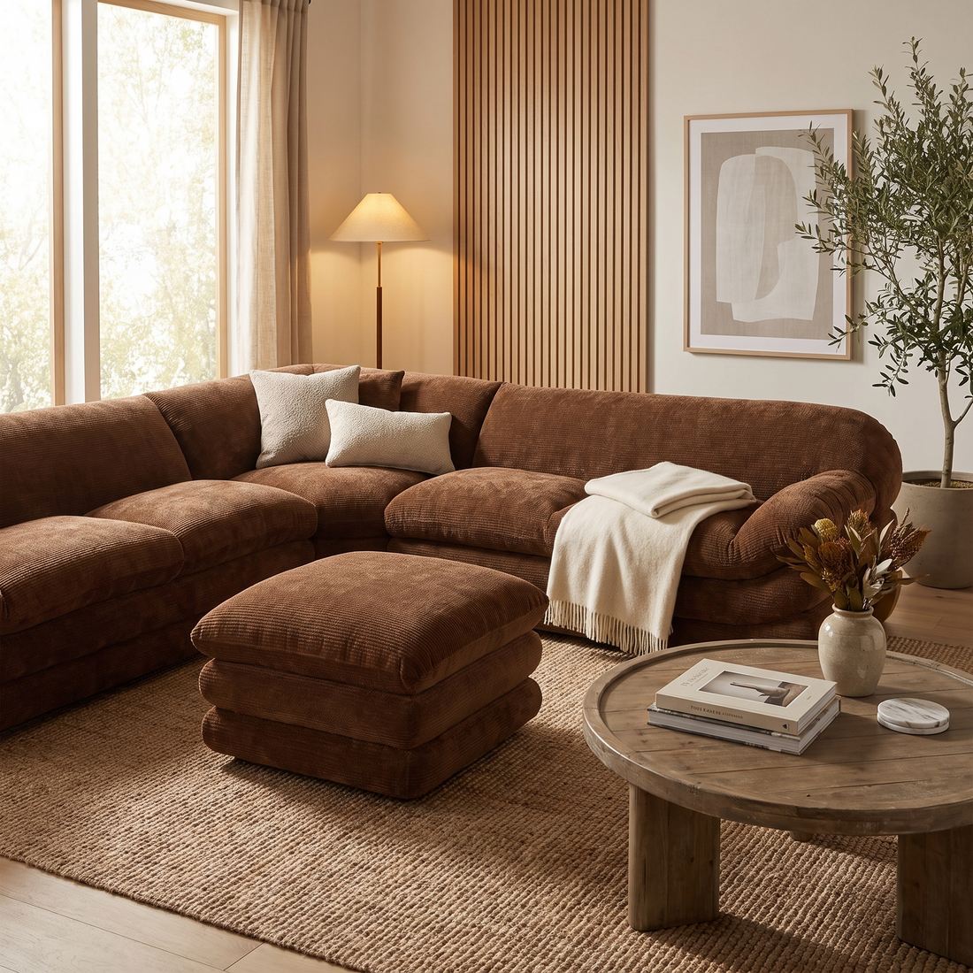 Square Brown Fabric Ottoman, Modern Upholstered Footstool with Oak Legs