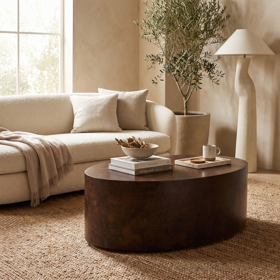 Walnut Burl Oval Coffee Table, Modern Dark Wood Block Base Cocktail Table