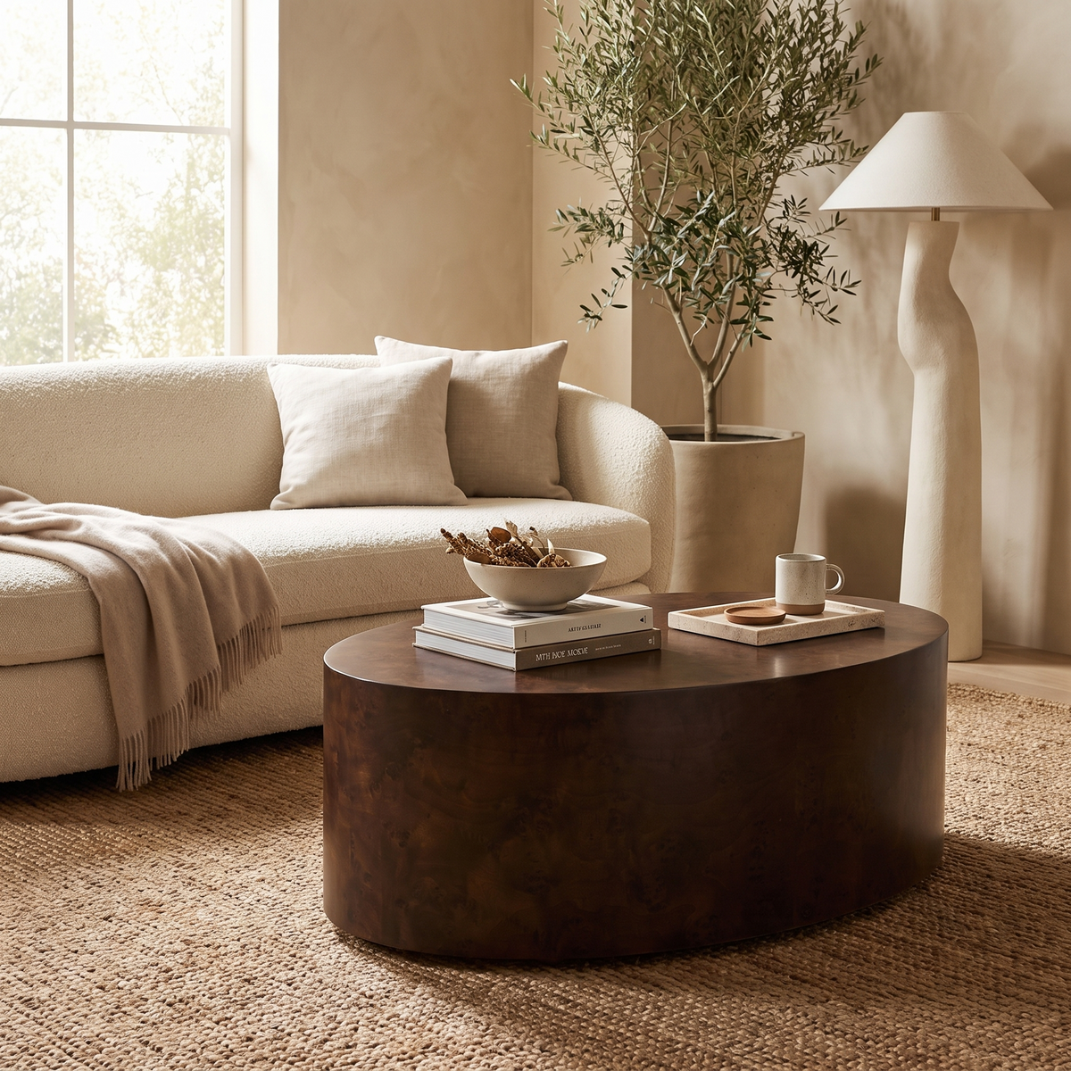 Walnut Burl Oval Coffee Table styled in a room