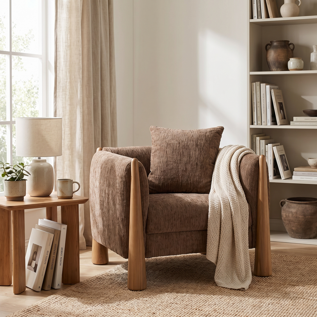 Brown Fabric Accent Chair, Contemporary Square Arm Club Chair