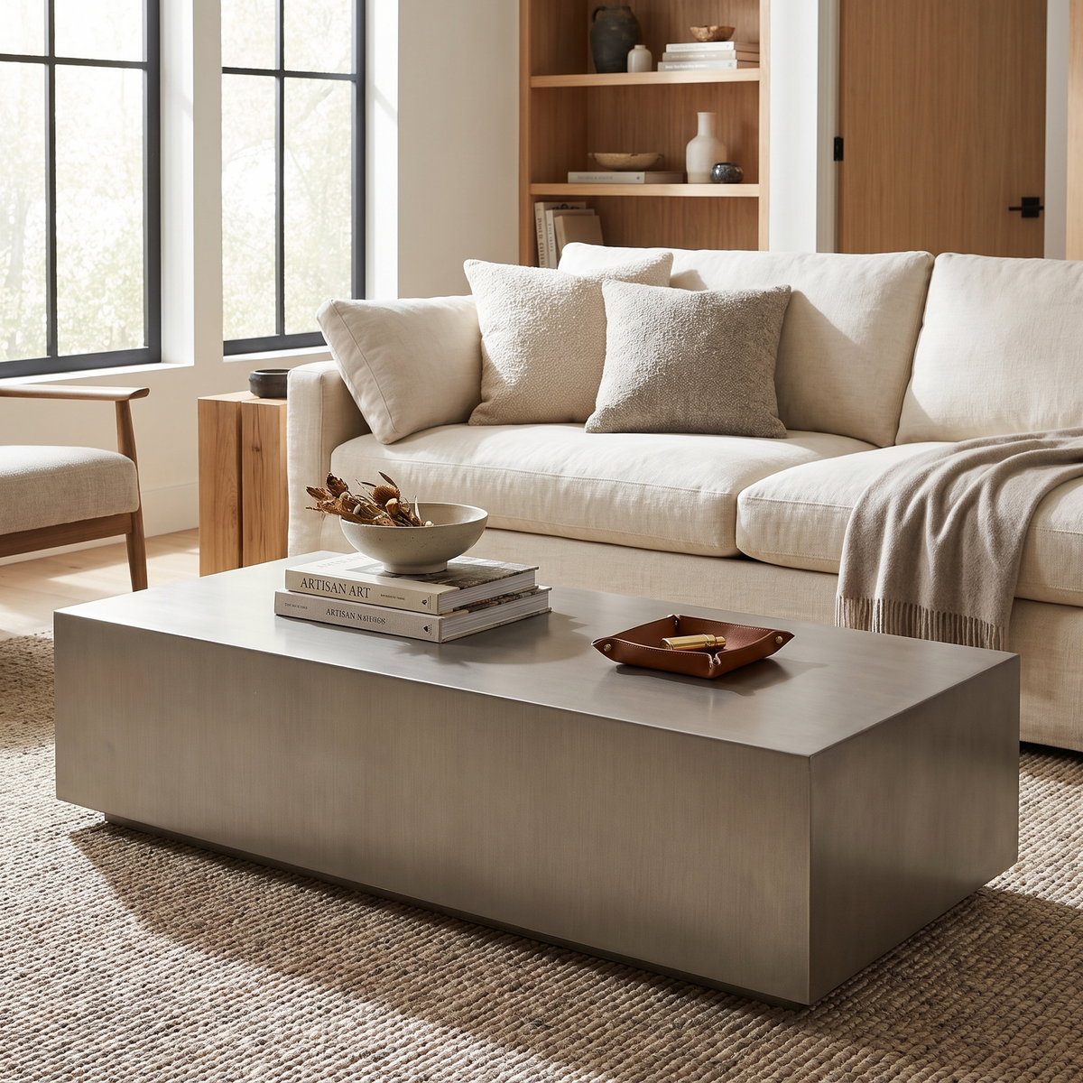 Brushed Stainless Steel Coffee Table styled in a room