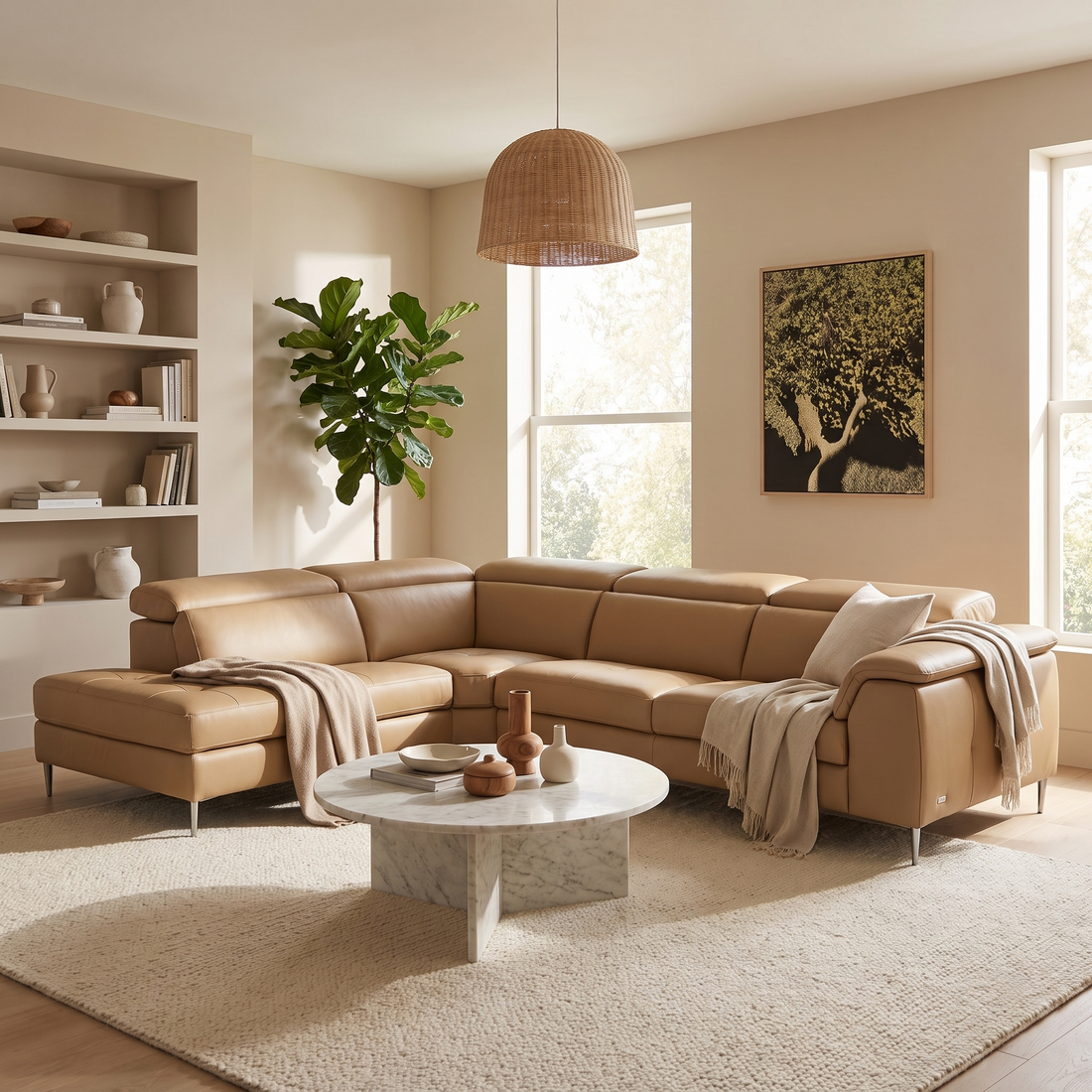 Italian Leather Sectional with Chaise, Sand Top Grain L Shaped Couch