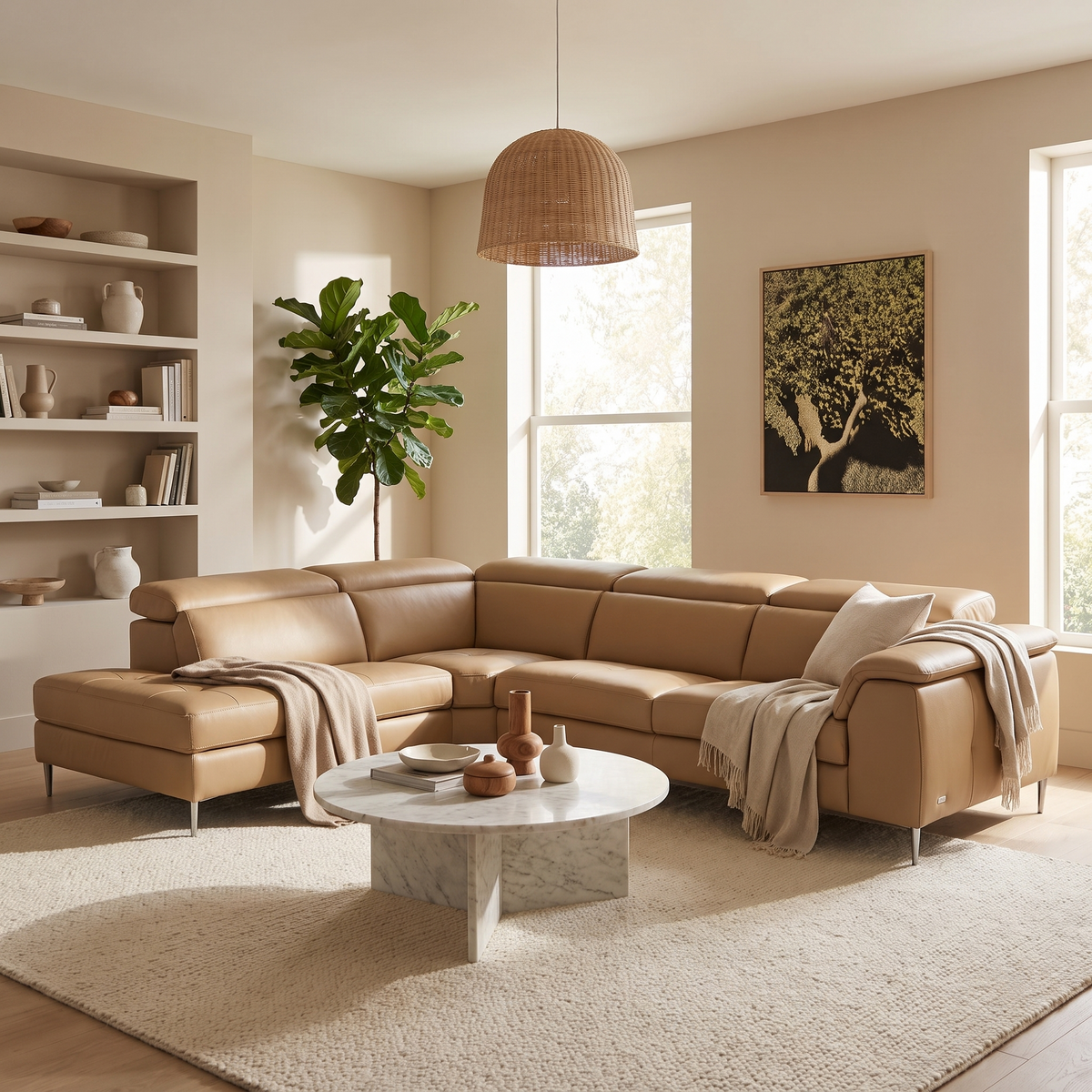 Italian Leather Sectional With Chaise styled in a room