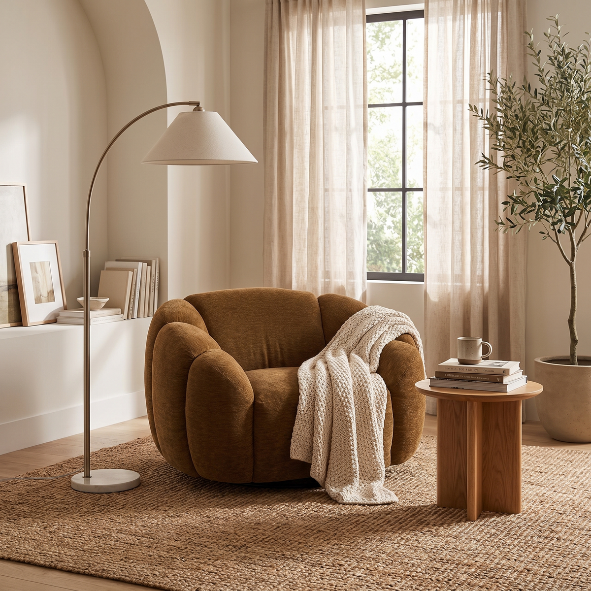 Brown Oversized Swivel Chair styled in a room