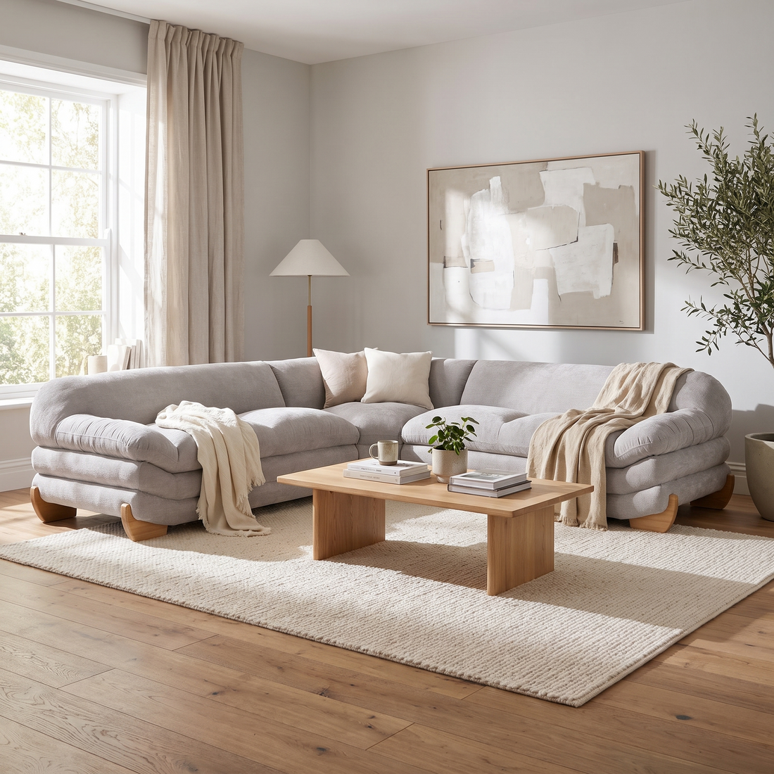 Light Grey Corner Sectional Sofa, Large L Shaped Couch with Oak Legs