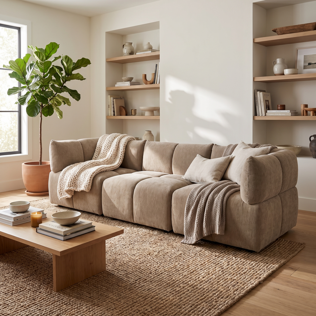 Taupe Modular Sectional Sofa, Modern Square Arm Tight Back Couch
