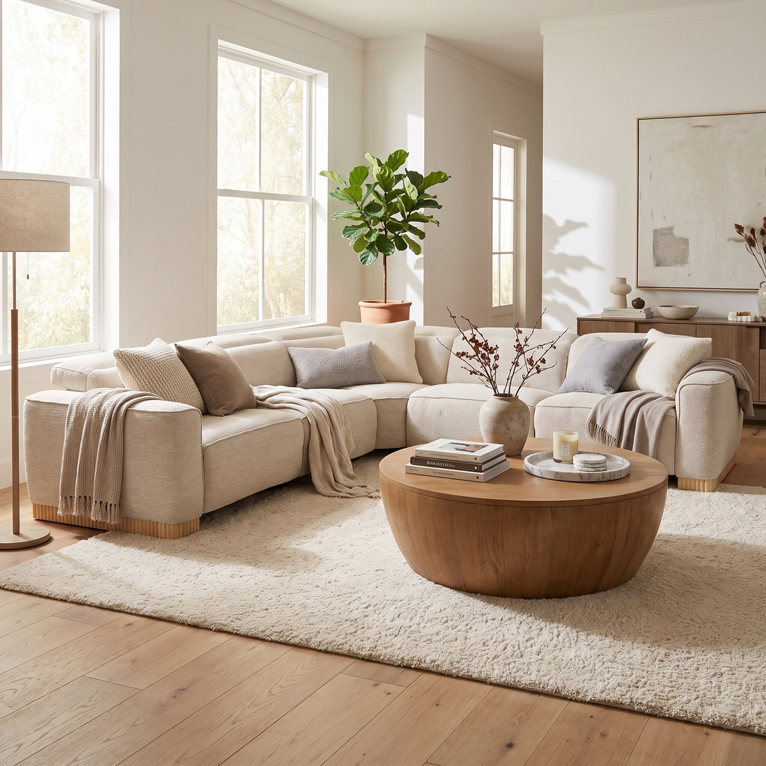 Power Reclining Sectional Sofa, Beige Fabric L Shaped Couch with Headrests