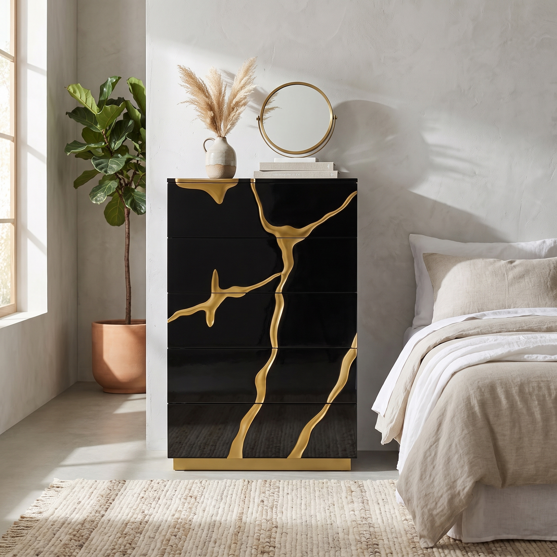 Black and Gold Chest of Drawers, High Gloss Modern Tall Dresser