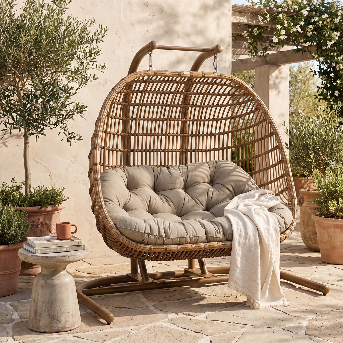 Outdoor Hanging Basket Chair With Stand styled in a room