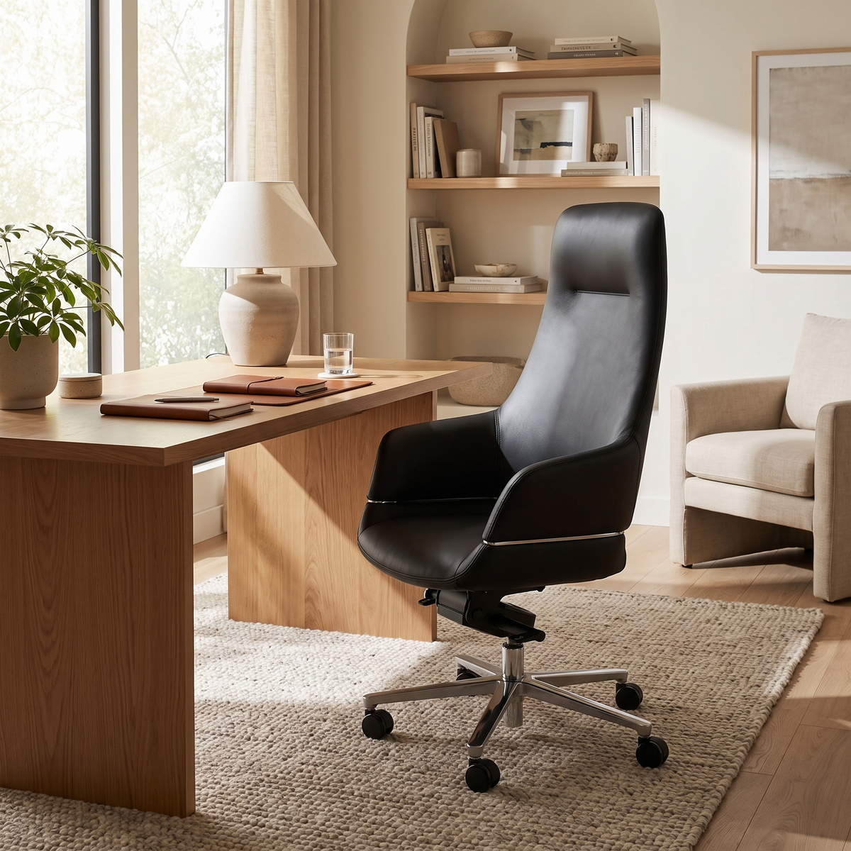 Black Leather Executive Office Chair styled in a room