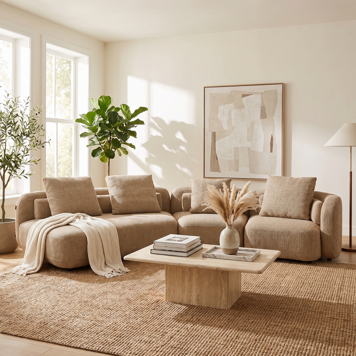 Beige Curved Chaise Sectional styled in a room